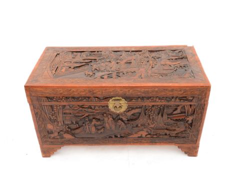 Chinese camphor wood trunk, with carved decoration, H60 x W107 x D51cm 