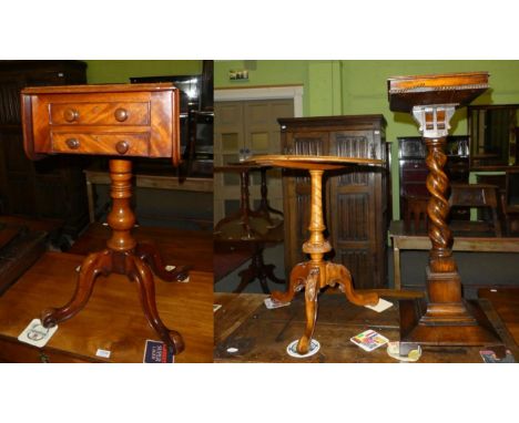 A 19th Century mahogany drop leaf pedestal occasional table, fitted with two drawers, together with a carved tripod table and
