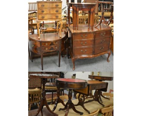 A group of reproduction furniture comprising: two small leather topped drum tables; a walnut bedside chest of drawers; three 