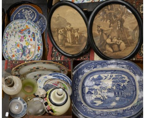 An Ironstone drainer; blue and white ceramics; oil lamp etc (two boxes)