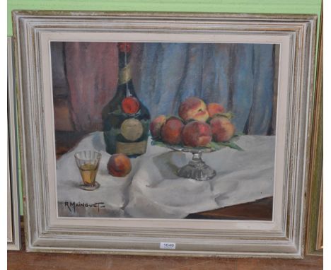 R Mainguet?? (20th century), French, still life of peaches and a bottle and a glass of liqueur, 46cm by 55cm