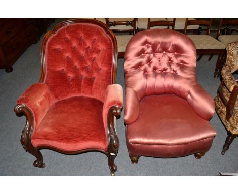 A Victorian mahogany framed button back armchair, together with another (2)
