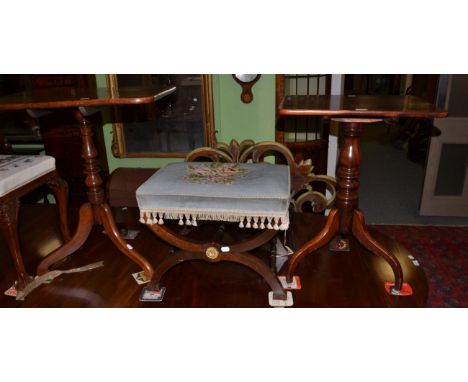 Two 19th century mahogany tilt top tripod tables and a mahogany X-frame piano stool (3)