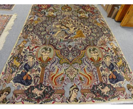 Kashmar carpet, East Iran, circa 1970, the ice blue field of pictorial panels enclosed by narrow plain borders, 291cm by 202c