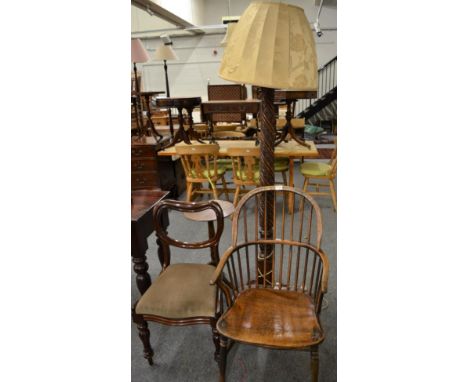 Stickback Windsor armchair, Victorian chair, mahogany bed-post standard lamp and small Regency tripod table in beech and maho