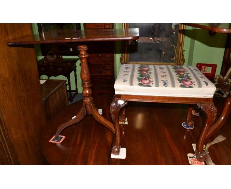 A George III mahogany tilt top tripod table, together with a carved mahogany piano stool on ball and claw feet (2)