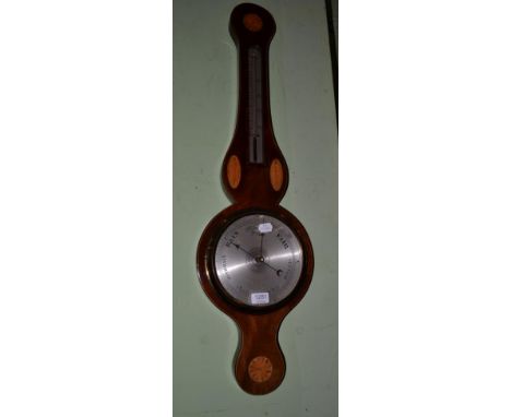 A Victorian mahogany and marquetry inlaid banjo barometer, with silvered dial bearing later inscription
