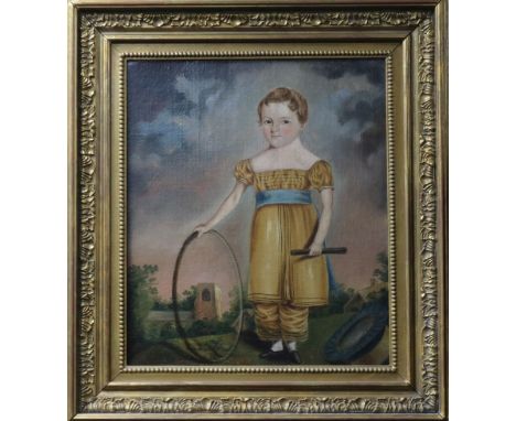 Early 19th century English School, oil on canvas, girl with stick and hoop, 34 x 30cm