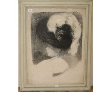 Albert de Belleroche, lithograph, woman wearing a plumed hat, 70 x 53cm