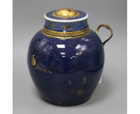 A Chinese Kangxi period gilt-decorated powder blue vase and cover with gilt metal mounts and lock height 27cm