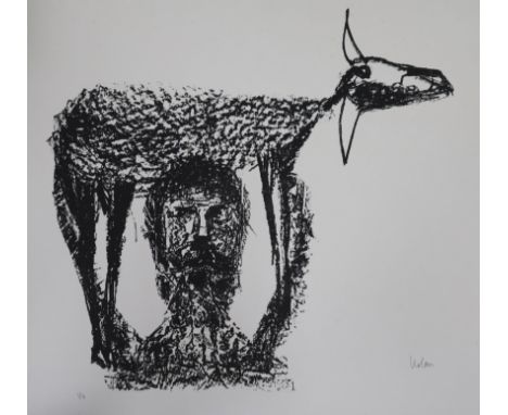 Sydney Nolan, lithograph, 'Farmer and Sheep', signed in pencil, 5/70, 50 x 66cm, unframed