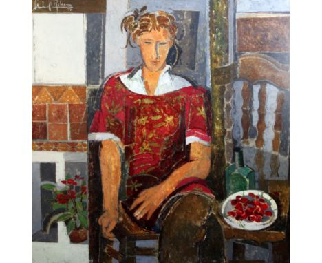 Alfredo Roldenoil on canvasPortrait of a woman seated beside a bowl of cherriessigned and dated '97100 x 100cm