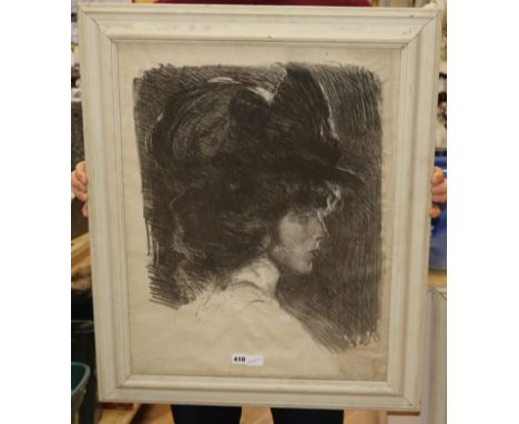Albert de Belleroche, lithograph, head of an elegant lady, 68 x 51cm
