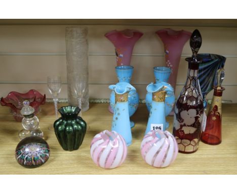 A Bohemian overlaid decanter, a small cranberry bowl, a glass walking stick and sundry glasswareex Congelow House