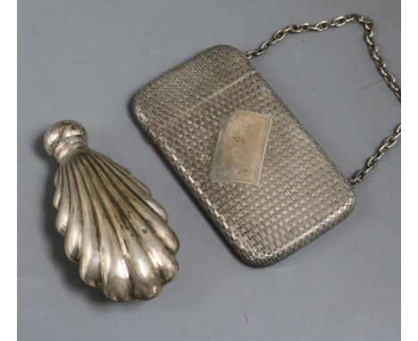 A sterling silver card case and a late Victorian silver scent flask.