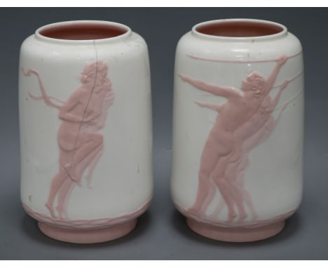 A pair of Art Deco Minton pate sur pate prototype vases, incised marks 'Modelled by R. Bradbury, Designed by John Wadsworth',