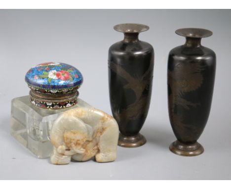 A Chinese carved jade elephant, Ming dynasty, Japanese cloisonne topped glass inkwell and two vasesex Congelow House