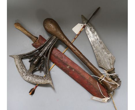 A wood and iron ceremonial axe, possibly Songye, a leaf-shaped tribal dagger and two other items, including a short dagger pr