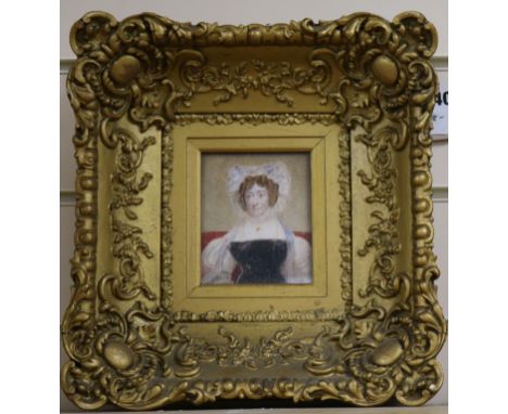 19th century English School, oil on ivory, miniature portrait of a lady wearing a black dress, 10 x 8cm