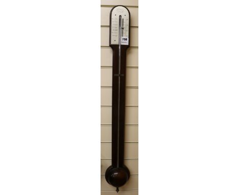 A late 18th century mahogany stick barometer, with arched silvered scale signed J. Leroux, Charing Cross, London, circular re