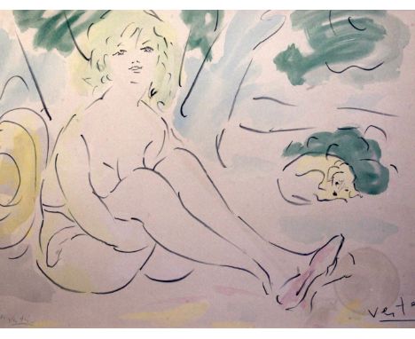 Vertalimited edition colour printSeated female nude and dogindistinctly signed and inscribed edition 5047 x 63cm