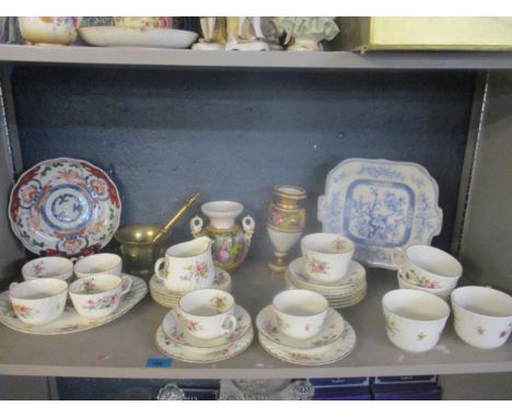 A Minton Marlow pattern part tea set, a brass pestle and mortar, an Imari plate, two late 19th century vases and another plat