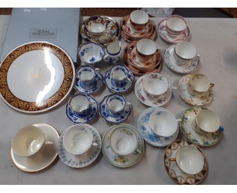 A Coalport Indian Tree Blue part coffee set, together with a Royal Worcester cake plate, boxed, and mixed teacups with matchi