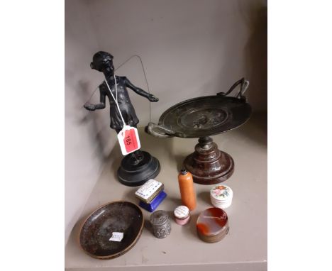 A 1970's Russian spelter figure of a young girl skipping, small trinket/pill boxes to include enamelled examples and other it