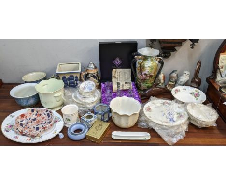 A mixed lot to include John Tongue Royal Doulton empty bottles, Royal Worcester Roanoke, boxed Edinburgh crystal and other it