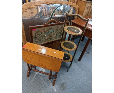 A mixed lot of furniture, a late Victorian Sutherland table, folding cake stand and a tapestry and mahogany firescreen Locati