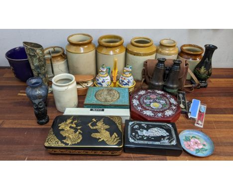 A mixed lot to include salt glazed jars, binoculars, lacquered boxes, Alpaca Mexico mother of pearl decorated vase and other 