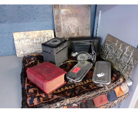 A vintage pocket Kodak A/F and another, brass hammered plaques, two vintage razors and a book 'The Works of Aristole' and a c