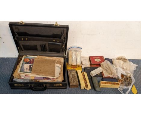 A mixed lot to include a leather briefcase containing railway related ephemera, together with a quantity of spectacles and sp