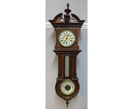 A Victorian mahogany clock fitted with a German movement with barometer and thermometer below, 70cm Location: 