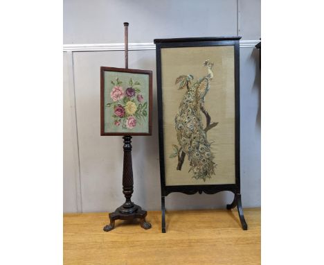 A Regency mahogany and cast metal pole screen, and a later fire screen with a peacock tapestry panel Location: 