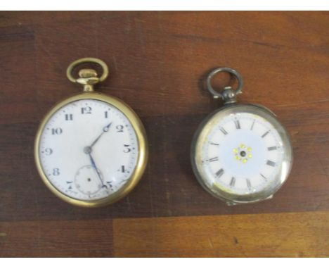 A gold coloured cased pocket watch, open face with white enamel dial, Arabic movements, presentation inscription to back of c