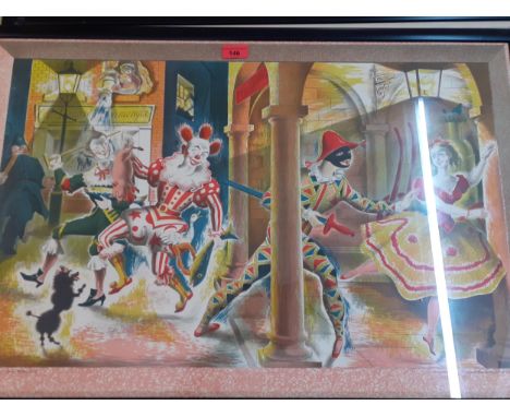 Clarke Hutton - Harlequinade, circa 1940's, a signed and coloured lithograph, 70cm x 40cm, printed at The Baynard Press for S
