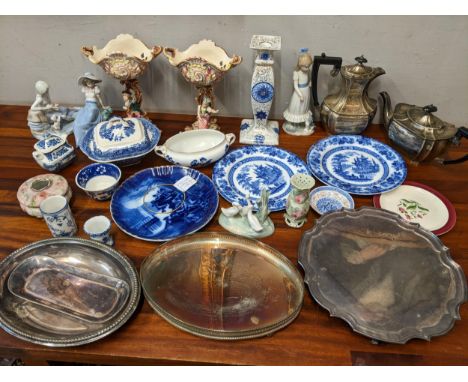 A mixed lot to include silver plated teapot, Mappin &amp; Webb tray, Continental vases, Nao and other items Location: 