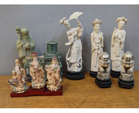 Oriental collectables to include composition Chinese figures, a metal tea caddy, a carved stone figure dogs of Foe and other 