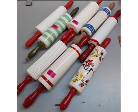 Eight vintage ceramic rolling pins with wooden handles to include Nutbrown, Rooster ware by Price and SadlerLocation: SL 