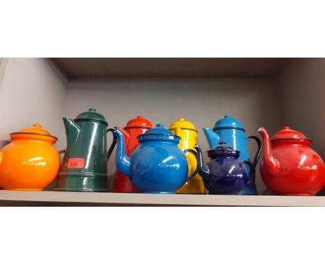 Eight vintage and colourful enamelled coffee and tea pots. Location:R2:1 