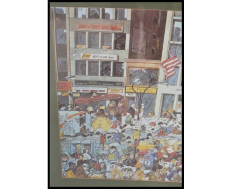 A large framed and glazed picture print of New York, the picture looking down from a New York skyline on to rush hour New Yor