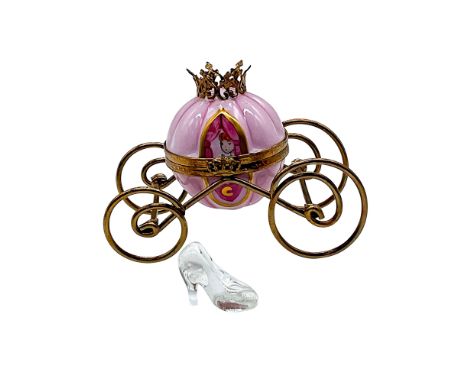 Vintage hand painted pink carriage with gilt metal ornate accents, and Cinderella peeking through the window. Inside is a pai