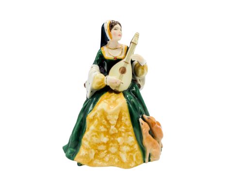 Handmade and hand painted figural in lovely period dress colored in green and gold tones playing instrument. Limited edition 