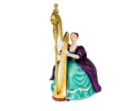 Limited edition in matte finish modeled as a lady musician in purple and green dress playing harp. Lady Musicians series. Roy