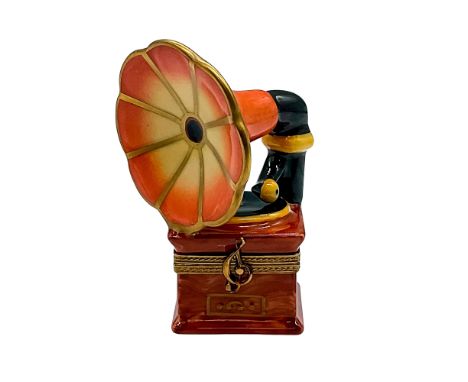 Hand painted brown and black mini record player with gilt accents. A painted record on the inside. 'Chamart Limoges France Pe