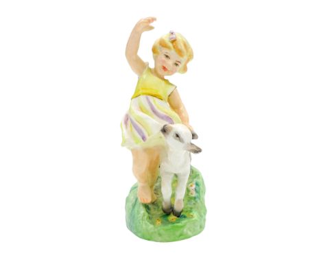 Part of Month of the Year series. Figural playing with lamb. Dressed in yellow striped dress. Royal Worcester backstamp. 3416