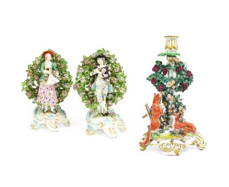 A Samson Porcelain Fable Candlestick, late 19th century, after a Chelsea original, depicting the fable of the Fox and the Gra