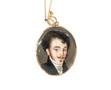English School (early 19th century): Miniature Portrait of a Young Gentleman, bust length, wearing a white stock and black ja
