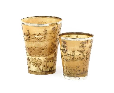 Two Graduated Silver-Mounted Horn Beakers, the silver Birmingham 1890, of tapering form, incised with continuous hunting scen